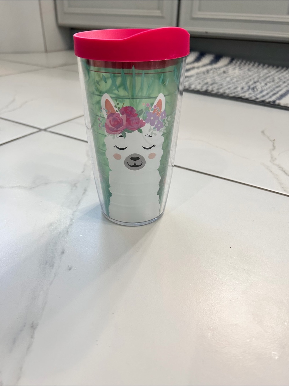Cute Pink-Lid Llama Travel Tumbler - Floral Design
